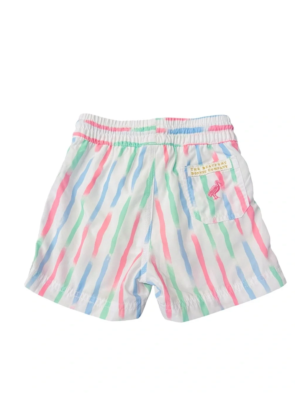 The Beaufort Bonnet Company Boys' White Swim Trunks with Pastel Stripes